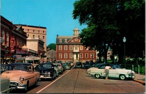 Vtg Newport RI Washington Square Street View Old Cars Old Colony House Postcard