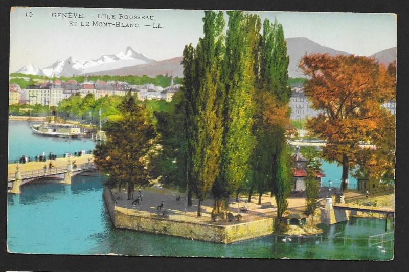 People on Bridge Geneva L'Ile Rousseau and Mont Blanc SWITZERLAND Unused c1910s