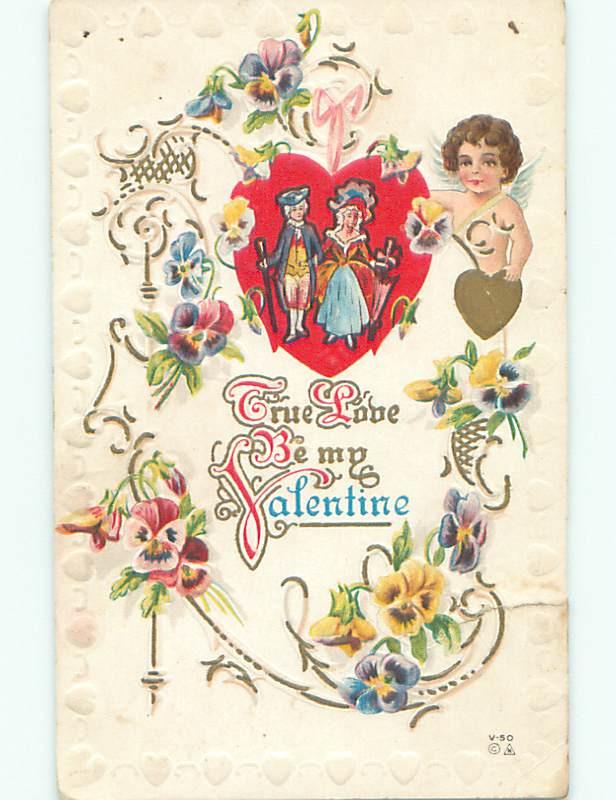 Unused Pre-Linen valentine CUPID WITH GOLDEN HEART AND FLOWERS AND COUPLE k9480