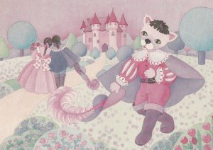 Cinderella Cat Prince Charming Pink Castle French Cat Postcard