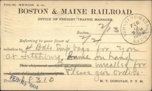 B&M Railroad Freight Boston to Townsend 1904 Government Postal Card