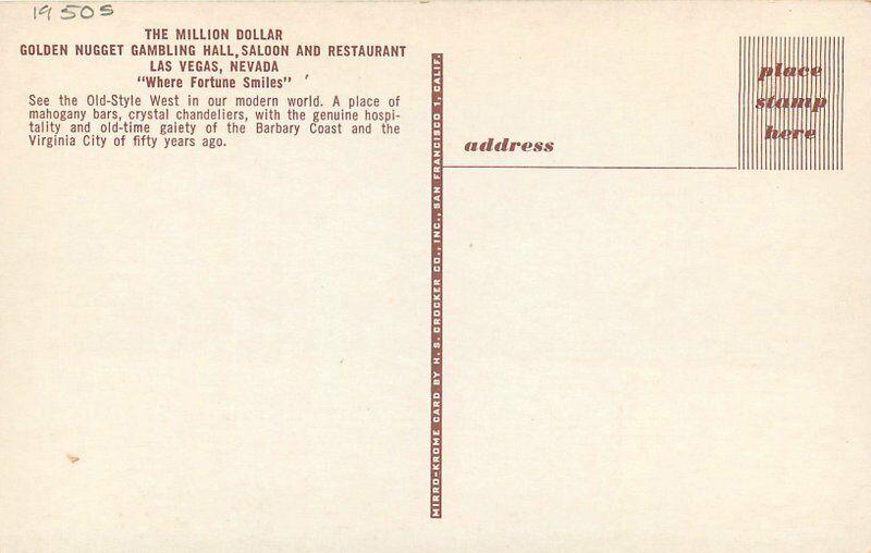 Las Vegas Nevada Million Dollar Golden Saloon Restaurant 1950s Postcard 3 