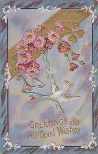 Greetings and All Good Wishes White Dove and Flowers