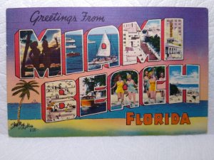 Greetings From Miami Beach Florida Large Letter Linen Postcard 1950 Palms Boats