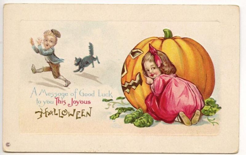 Halloween Hide n' Seek Children Pumpkin J.O.L. Embossed Postcard