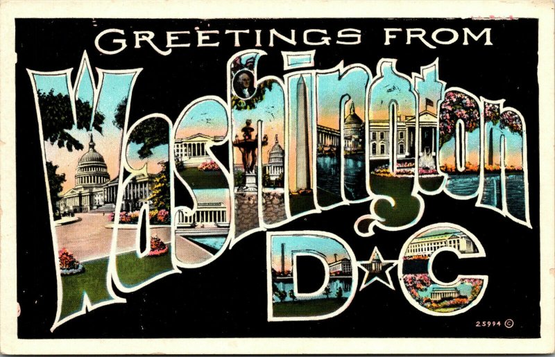 Vtg 1920s Greetings from Washington DC Large Letter Postcard