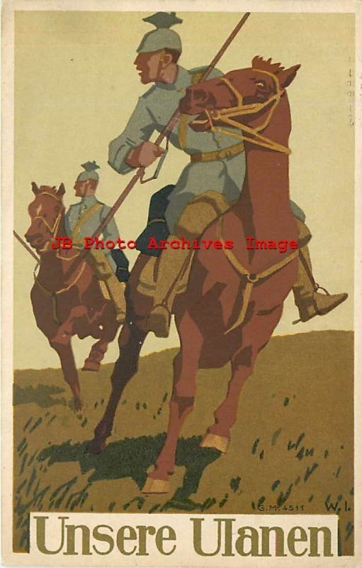 German Military Propaganda, Signed W.I., Unsere Ulanen, Cavalry Soldier on Horse 