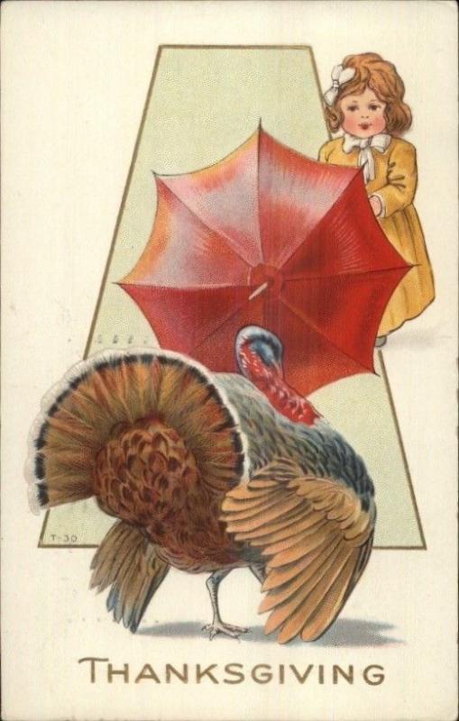 Thanksgiving - Little Girl Holds Off Turkey w/ Umbrella c1910 Postcard