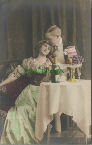Romance Postcard - Young Couple Having Dinner - Fruit & Wine RS27542