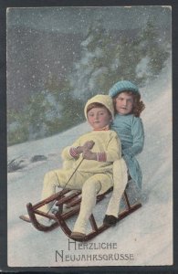 Children Postcard - Snow Scene / Sleigh Ride - Herzliche Neujahrsgrusse RS12033