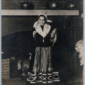 c1910s Unique Woman Spinning Yarn RPPC Traditional Ethnic Spindle Fireplace A187