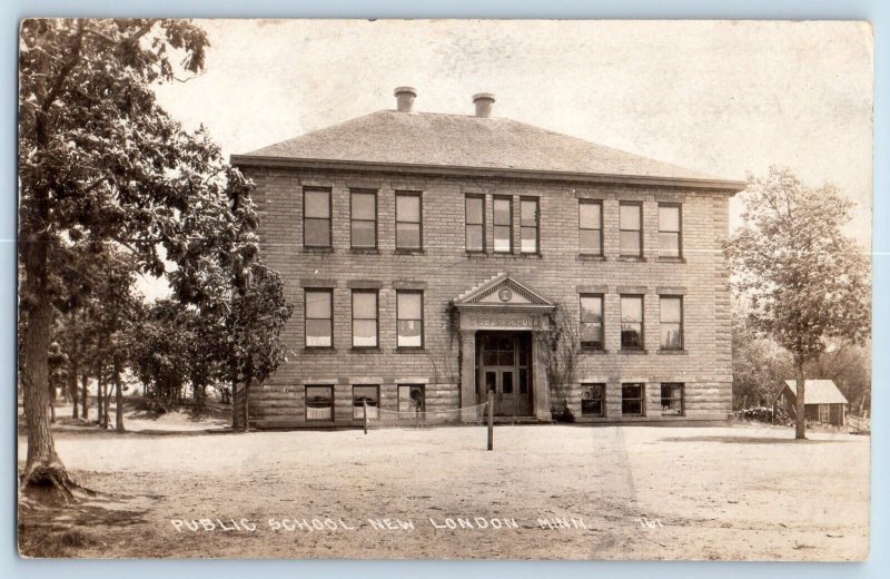 New London Minnesota Postcard RPPC Photo Public School Building Volleyball Net