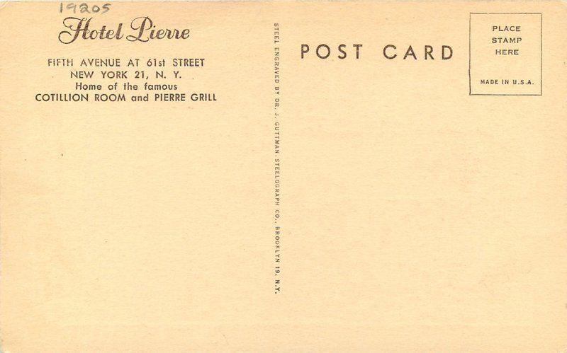 Artist impression 1920s Hotel Pierre Swans New York Guttman postcard 5860