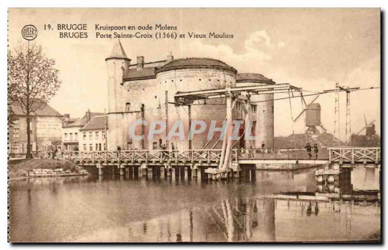 Old Postcard Belgium Brugge Gate Holy Cross (1366) and old mills