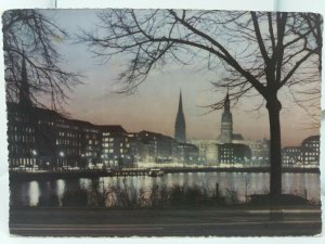 Vintage Postcard Hamburg Waterfront at Night 1958