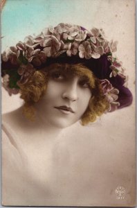 Beautiful Victorian Woman Fashion Flower Hat Coloured Vintage RPPC C046