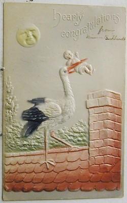 K046    STORK & BABY     HEAVY  EMBOSSED   POSTCARD,