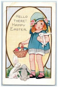 c1910's Easter Girl Bunny Rabbit Basket Egg Embossed Unposted Antique Postcard