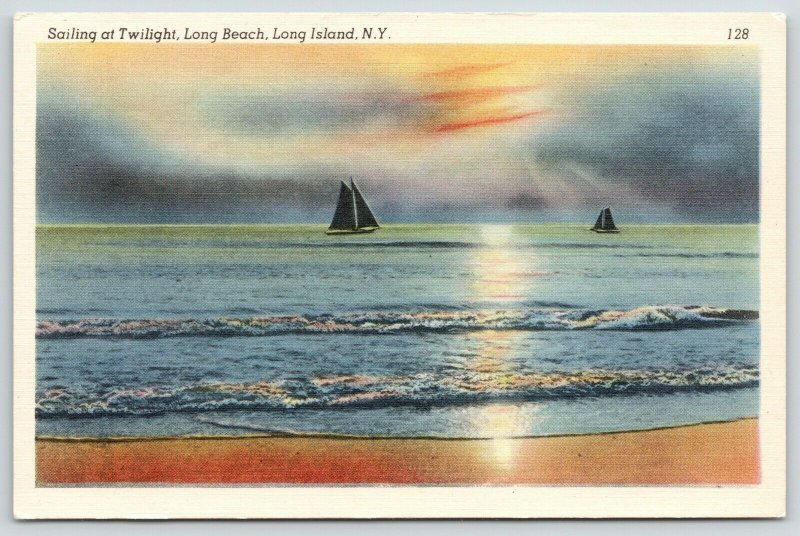 Long Beach Long Island New York~Sailing @ Twilight~Waves on Shore~1940s Linen PC 