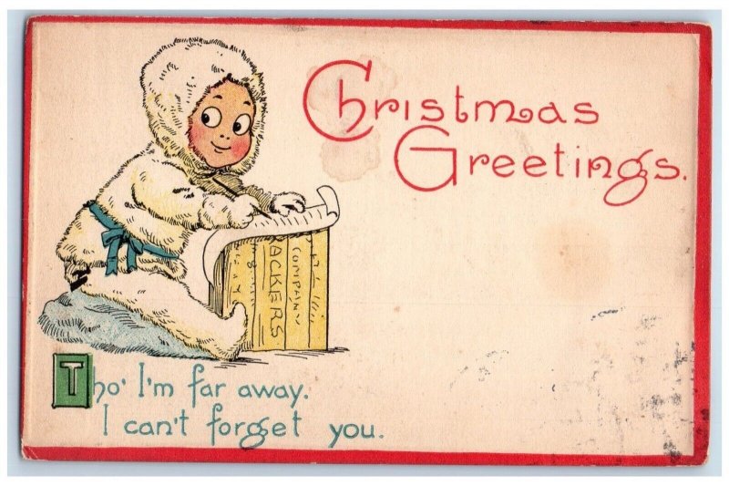 1912 Christmas Greetings Little Boy Writing Gibson Embossed Antique Postcard