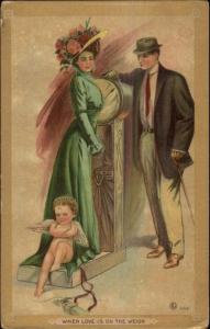 Beautiful Woman on Weight Scale Handsome Man & Cupid c1910 Postcard