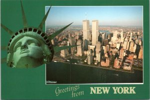 Postcard NY Greetings from New York Twin Towers Statue of Liberty Face