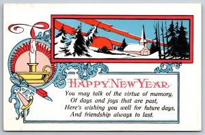 Art Deco New Years Candle Winter Scene Unused UNP DB Postcard K7