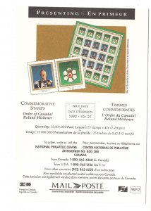 Canada Post Commemorative Stamp 1992, Roland Michener, Order of Canada