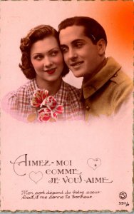 Romantic Couple Woman & Soldier Aimez-Moi Comme Je Vous Aime Color Tinted Rea...