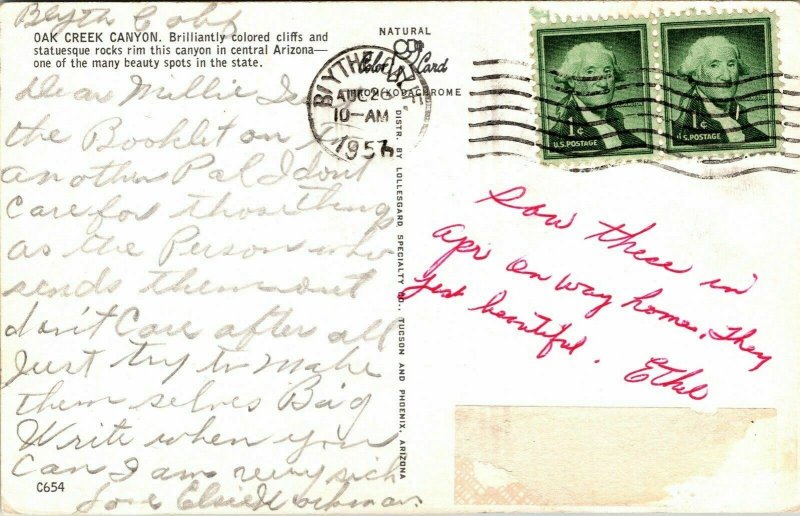 Oak Creek Canyon Arizona Postcard Cancel PM Biythe CA WOB Note VTG Vintage 