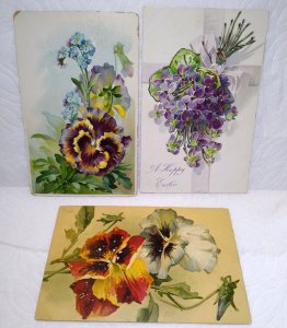 Tucks Easter & Greetings Postcards Floral Flowers Pansies One Glittered Lot of 3