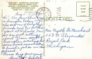 VINTAGE POSTCARD ASHLAND HISTORIC HOME OF HENRY CLAY AT LEXINGTON KENTUCKY '58