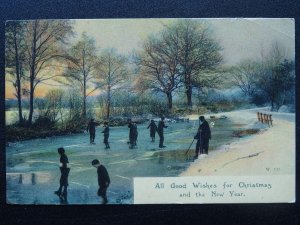 Christmas Greeting ICE SKATING ON FROZEN POND c1905 Postcard