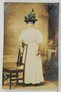 RPPC Edwardian Era Woman, Tall Hat Studio Portrait Postcard M17