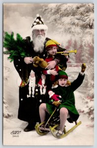 Santa~Old Style Father Christmas in Long Robe~Victorian Children Sled~France