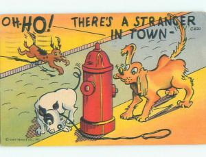 Linen comic DOGS SNIFF AT FIRE HYDRANT AND DETECT STRANGER IN TOWN k3727