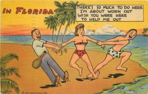 Beach Bikini Woman in between men Comic Humor 1955 Postcard Teich linen 10583
