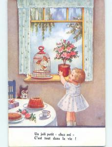Pre-Linen foreign DOG WATCHES CAKE WHILE FRENCH GIRL LOOKS AT BIRD CAGE HL8075