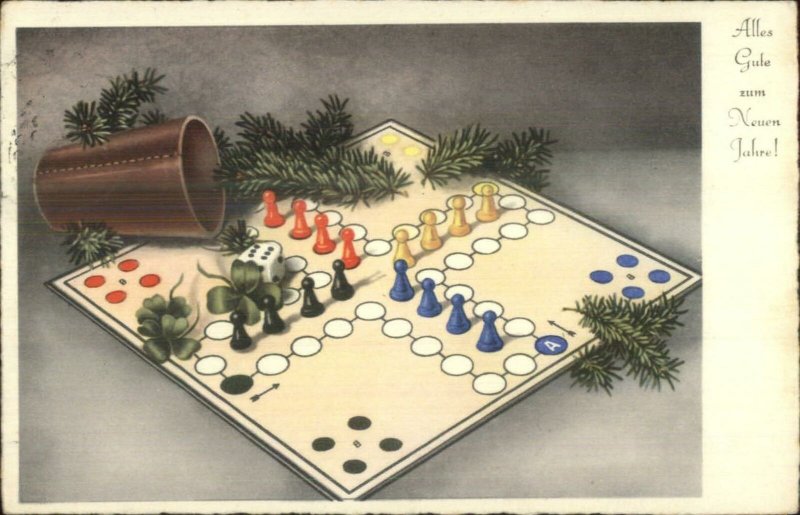 Foreign New Year - Board Game Pieces Dice etc c1930s-40s Postcard