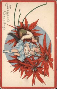 Christmas Fantasy Little Girl with Doll Giant Poinsettias Vintage Postcard