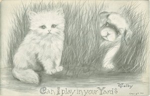 1910 V Colby Cat and Dog Postcard, Can I play in your yard?