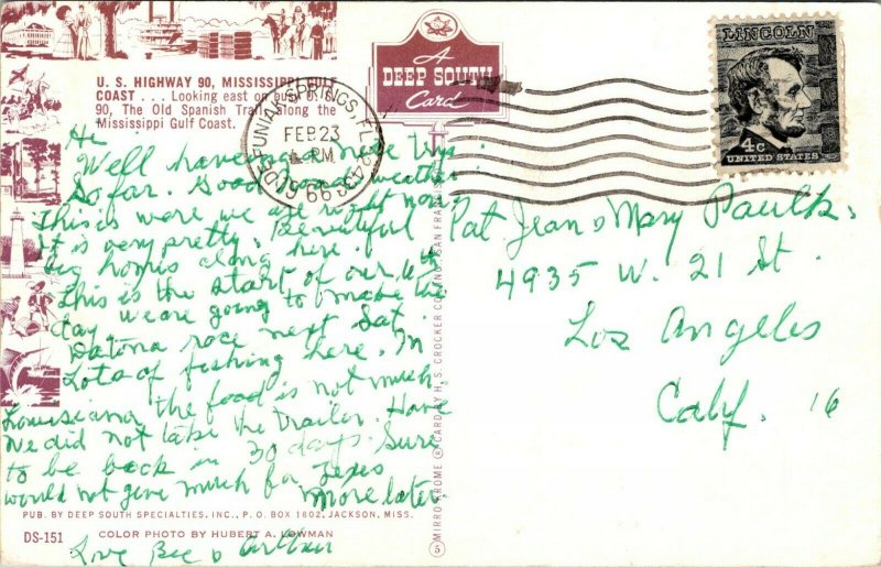 U.S. Highway 90 Mississippi Old Car Postcard
