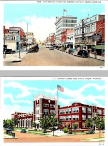 2~ca1940's Postcards CASPER WY Wyoming STREET SCENE & NATRONA COUNTY HIGH SCHOOL