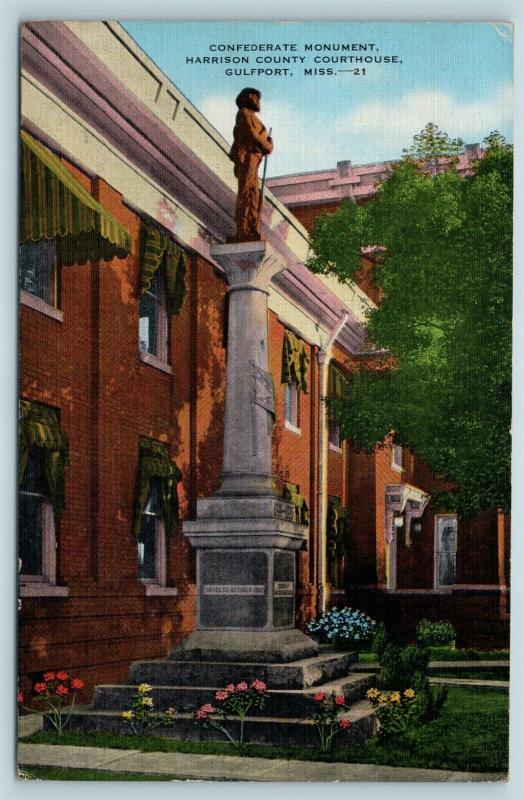 Postcard MS Gulfport Confederate Monument Harrison County Courthouse Linen Q14
