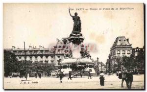 Old Postcard Staute Paris and Place de la Republique Lion