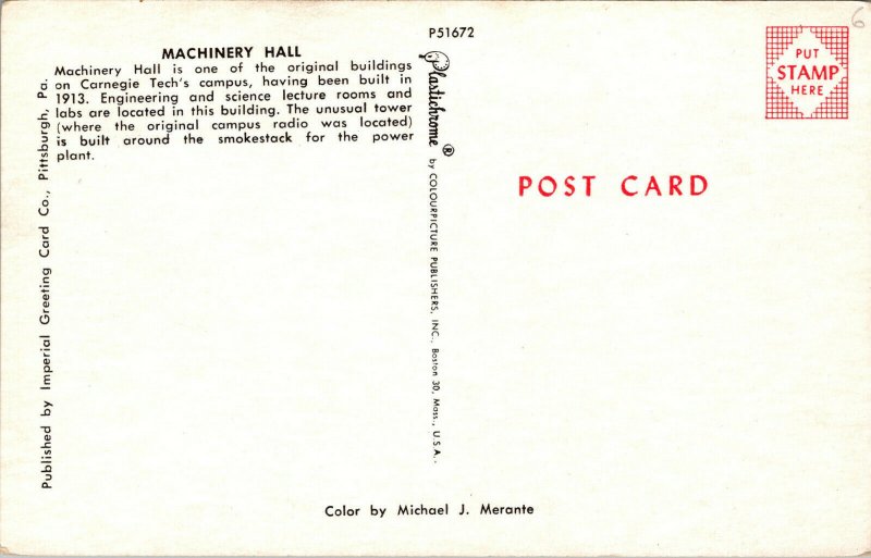 Vtg 1950 Carnegie Tech Campus Machinery Hall Pittsburgh Pennsylvania PA Postcard