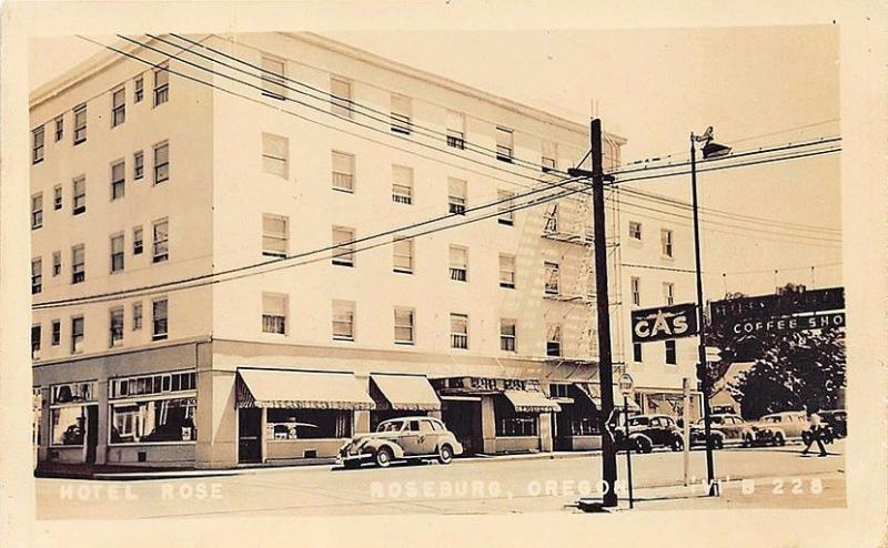 Roseburg OR Hotel Rose Gas Station Fronts Street View RPPC Postcard