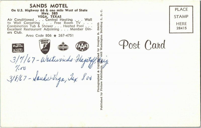 Sands Motel on Route 66, Vega TX c1967 Vintage Postcard P31