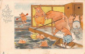 New Year Greetings Humanized Pigs at Swimming Pool Fishing Piglet postcard  B926