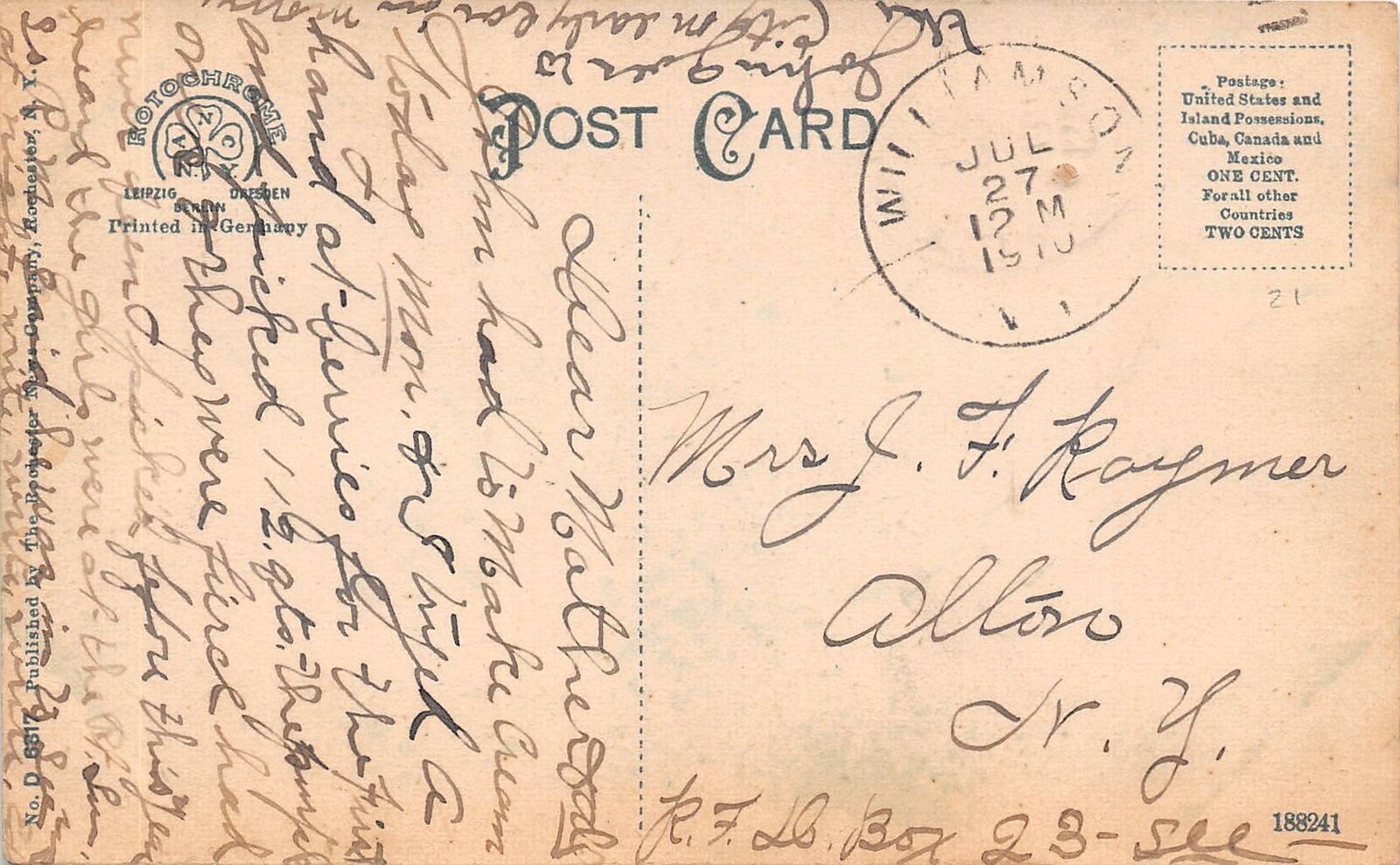 J41/ Williamson New York Postcard c1910 RW&O Railroad Depot Station 191